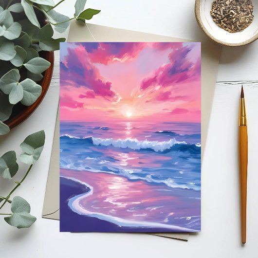 水彩画のピンクの夕焼けの波の海 ポストカード