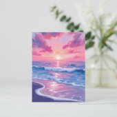 水彩画のピンクの夕焼けの波の海 ポストカード (スタンド正面)