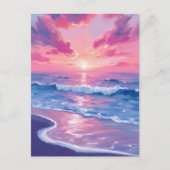 水彩画のピンクの夕焼けの波の海 ポストカード (正面)