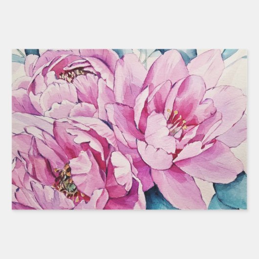 水彩画のピンクの大きな芍薬の花 ラッピングペーパーシート (正面)