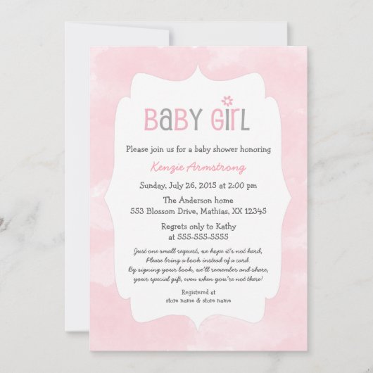 水彩画のピンクの女の子のベビーシャワー + 本を持って来て下さい 招待状 (正面)