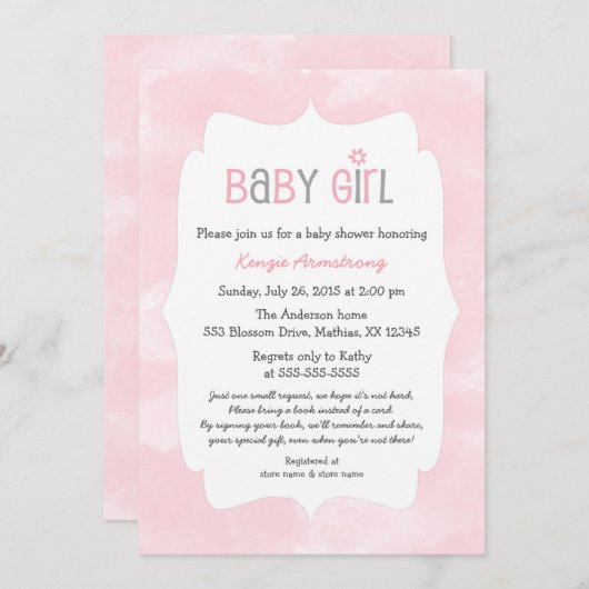 水彩画のピンクの女の子のベビーシャワー + 本を持って来て下さい 招待状 (正面/裏面)