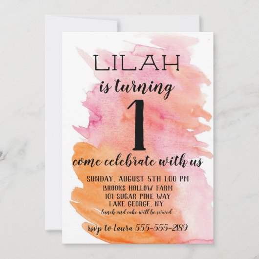 水彩画のピンクの女の子の誕生日の招待状 招待状 (正面)