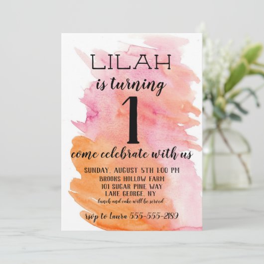 水彩画のピンクの女の子の誕生日の招待状 招待状 (スタンド正面)