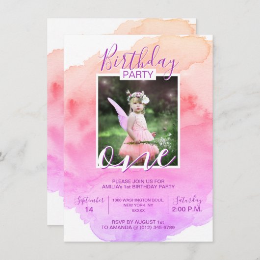 水彩画のピンクの紫色の女の子の誕生日第1 1年 招待状 (正面/裏面)
