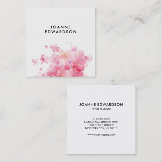 水彩画のピンクの紫色の花の白人のプロフェッショナル スクエア名刺 (正面/裏面)