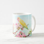 水彩画のピンクの花および愛鳥のマグ コーヒーマグカップ (正面右)
