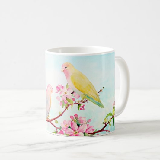 水彩画のピンクの花および愛鳥のマグ コーヒーマグカップ (正面右)
