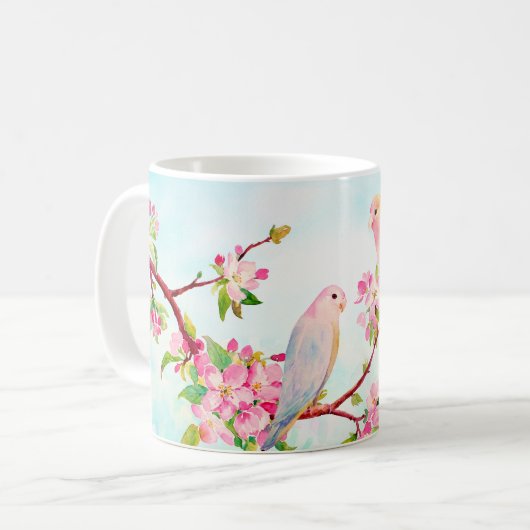 水彩画のピンクの花および愛鳥のマグ コーヒーマグカップ (正面左)