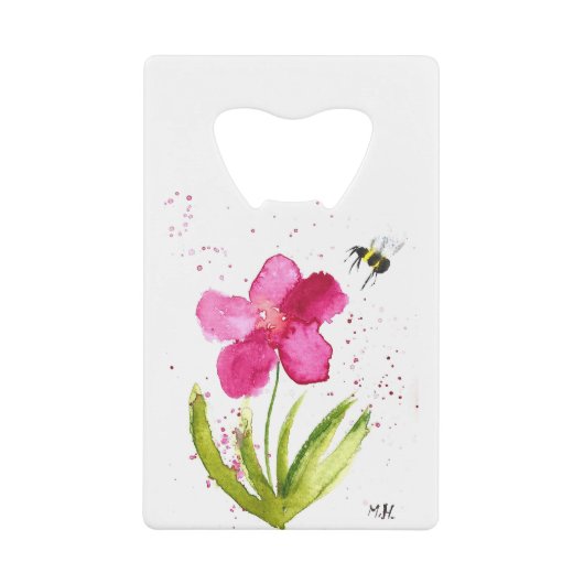 水彩画のピンクの花とハチ クレジットカード栓抜き (正面)