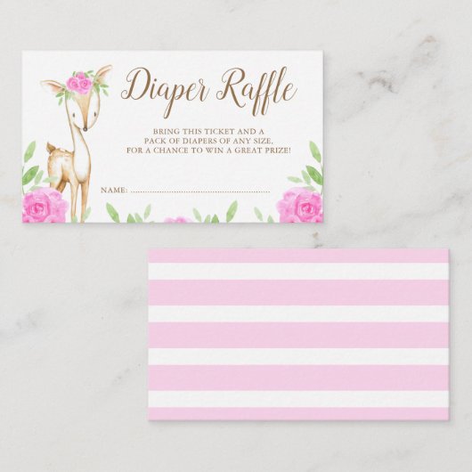 水彩画のピンクの花のシカのおむつのラッフルのチケット エンクロージャーカード (正面/裏面)