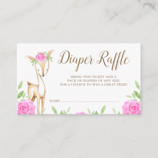 水彩画のピンクの花のシカのおむつのラッフルのチケット エンクロージャーカード (正面)