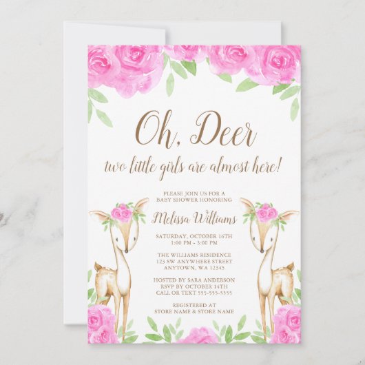 水彩画のピンクの花のシカの双生児の女の子のベビーシャワー 招待状 (正面)