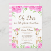 水彩画のピンクの花のシカの双生児の女の子のベビーシャワー 招待状 (正面/裏面)