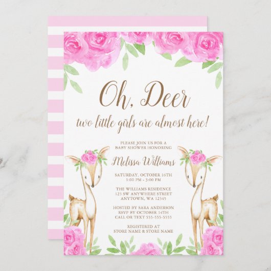 水彩画のピンクの花のシカの双生児の女の子のベビーシャワー 招待状 (正面/裏面)