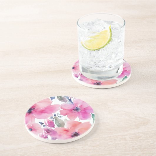 水彩画のピンクの花のフラワーブロッサム コースター (側面)