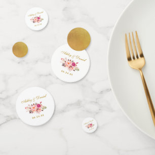 水彩画のピンクの花の結婚式の金ゴールド コンフェッティ