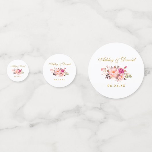 水彩画のピンクの花の結婚式の金ゴールド コンフェッティ (正面)