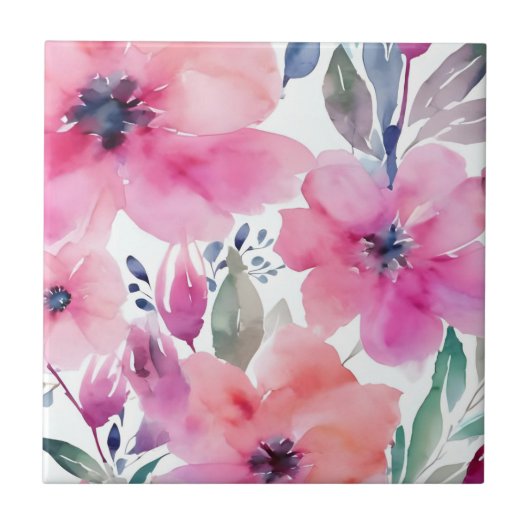 水彩画のピンクの花の花開く タイル (正面)