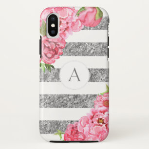 水彩画のピンクの花の銀のストライプなモノグラム iPhone X ケース