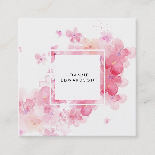 水彩画のピンクの花の（ばちゃばちゃ）跳ねるの白フレーム スクエア名刺 (正面)