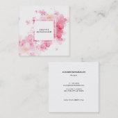 水彩画のピンクの花の（ばちゃばちゃ）跳ねるの白フレーム スクエア名刺 (正面/裏面)