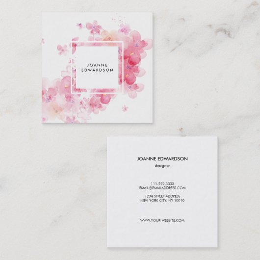 水彩画のピンクの花の(ばちゃばちゃ)跳ねるの白フレーム スクエア名刺 (正面/裏面)