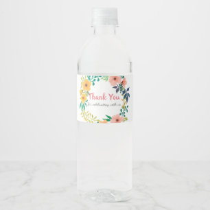 水彩画のピンクの花模様 のベビーシャワーは感謝していしています ペットボトルラベル