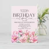 水彩画のピンクの花 100歳の誕生日 招待状 (スタンド正面)