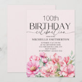 水彩画のピンクの花 100歳の誕生日 招待状 (正面/裏面)