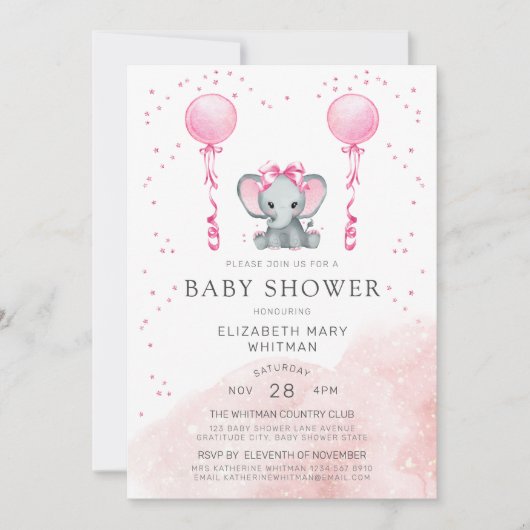 水彩画のピンクのStardust象のベビーシャワー 招待状 (正面)