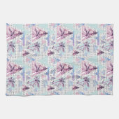 水彩画のピンク及び青いヤシの木パターン キッチンタオル (横)