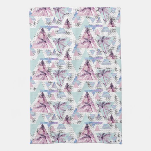 水彩画のピンク及び青いヤシの木パターン キッチンタオル (縦)