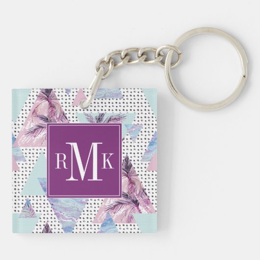 水彩画のピンク及び青いヤシの木パターン キーホルダー (裏面)