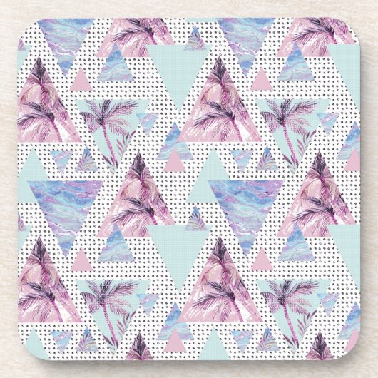 水彩画のピンク及び青いヤシの木パターン コースター (正面)