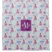 水彩画のピンク及び青いヤシの木パターン シャワーカーテン (正面)