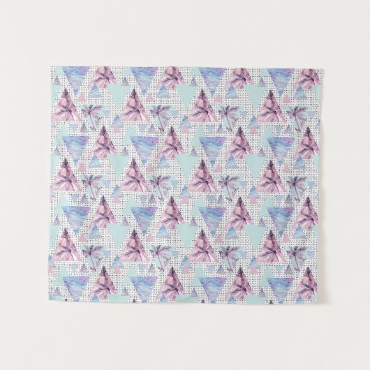 水彩画のピンク及び青いヤシの木パターン タペストリー (正面(横))