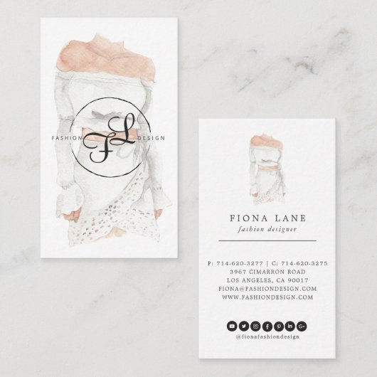 水彩画のファッションのデザインのイラストレーション 名刺 (正面/裏面)