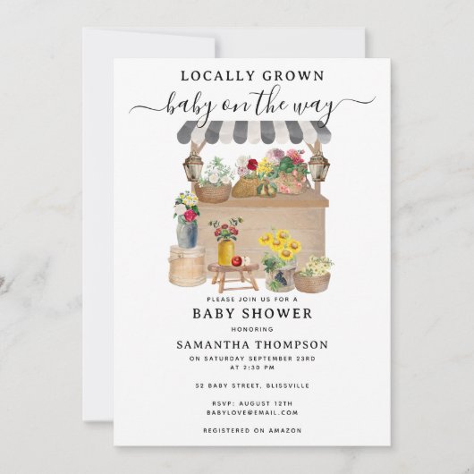 水彩画のファーマーズマーケットのベビーシャワー 招待状 (正面)