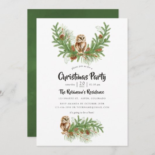水彩画のフクロウのクリスマスパーティー 招待状 (正面/裏面)