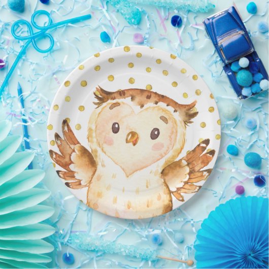 水彩画のフクロウの森林動物の金ゴールドの点の誕生日 ペーパープレート (パーティー)