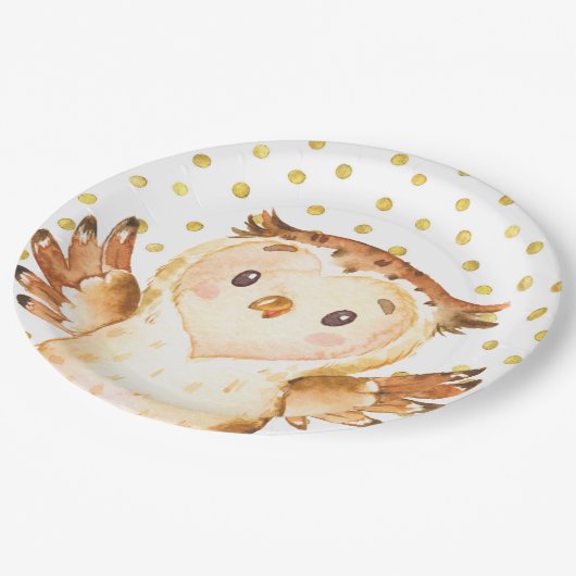 水彩画のフクロウの森林動物の金ゴールドの点の誕生日 ペーパープレート (アングル)