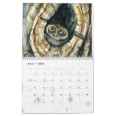 水彩画のフクロウの絵画クローズアップ カレンダー (3月 2026)