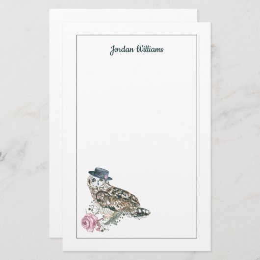 水彩画のフクロウは|あなたの名前を加えます 便箋 (正面/裏面)