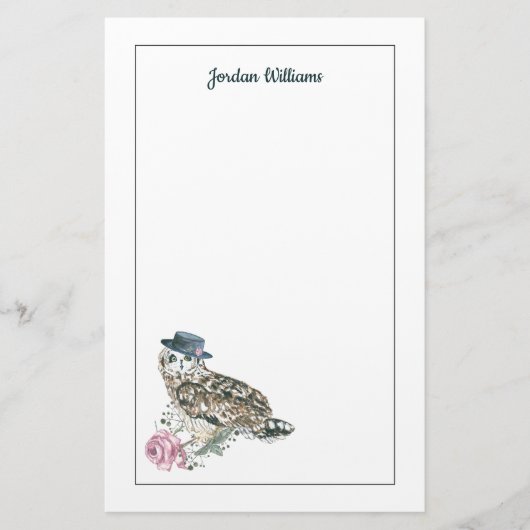 水彩画のフクロウは|あなたの名前を加えます 便箋 (正面)