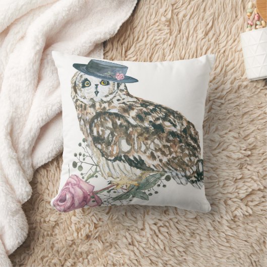 水彩画のフクロウ クッション (ブランケット)