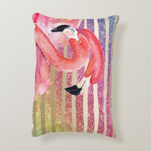 水彩画のフラミンゴのグリッターの金ゴールドは縞で飾ります アクセントクッション (裏面(縦))