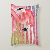 水彩画のフラミンゴのグリッターの金ゴールドは縞で飾ります アクセントクッション (正面(垂直))