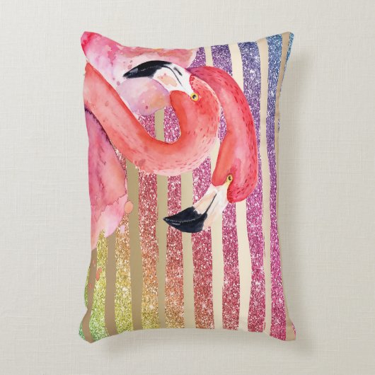 水彩画のフラミンゴのグリッターの金ゴールドは縞で飾ります アクセントクッション (正面(垂直))
