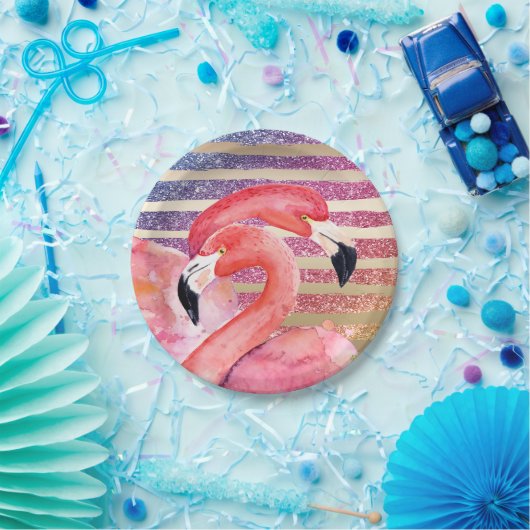 水彩画のフラミンゴのグリッターの金ゴールドは縞で飾ります ペーパープレート (パーティー)